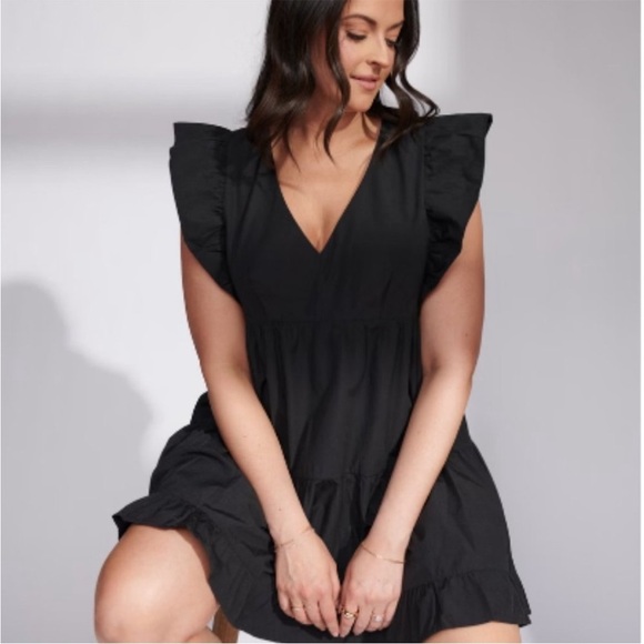 Abercrombie & Fitch Flutter Sleeve Tiered Mini Dress Black XXLT Plus Pockets - Picture 3 of 16